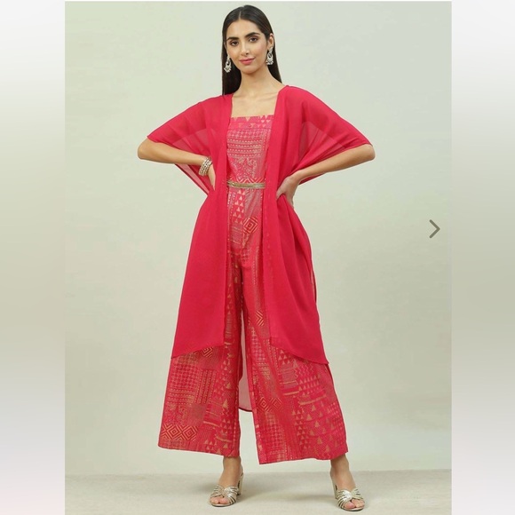 Pants - Pink and Gold Jumpsuit with Gold Waist Belt and Shrug